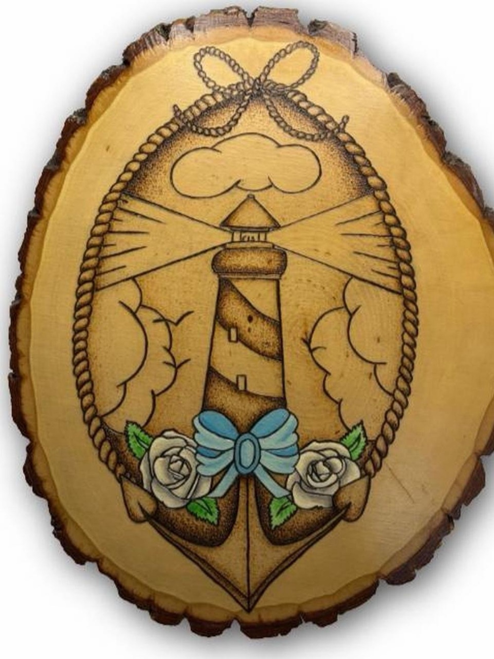 Hand-Pyrography Lighthouse Anchor Plaque with Blue Bow